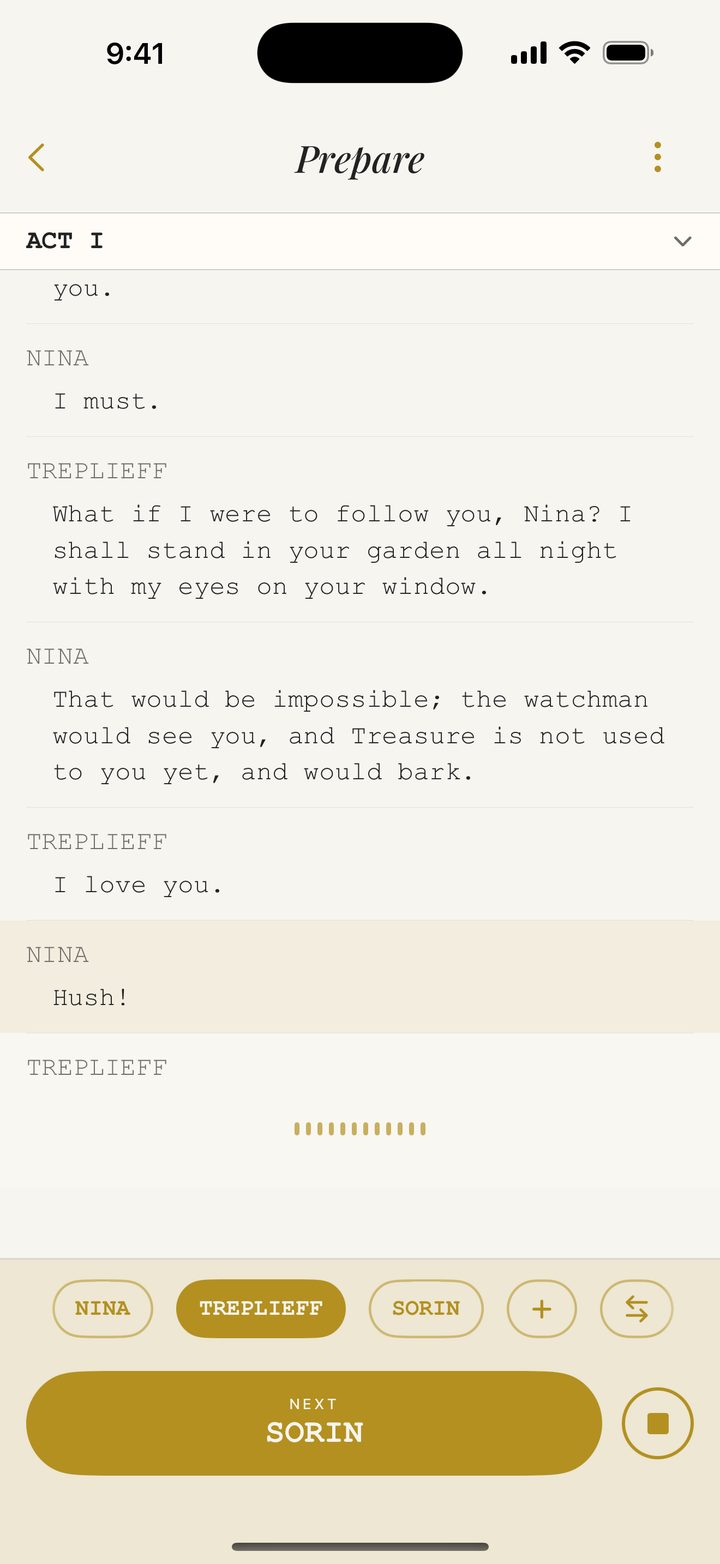 Line Run's Prepare screen, recording the other characters' lines one at a time in your own voice.